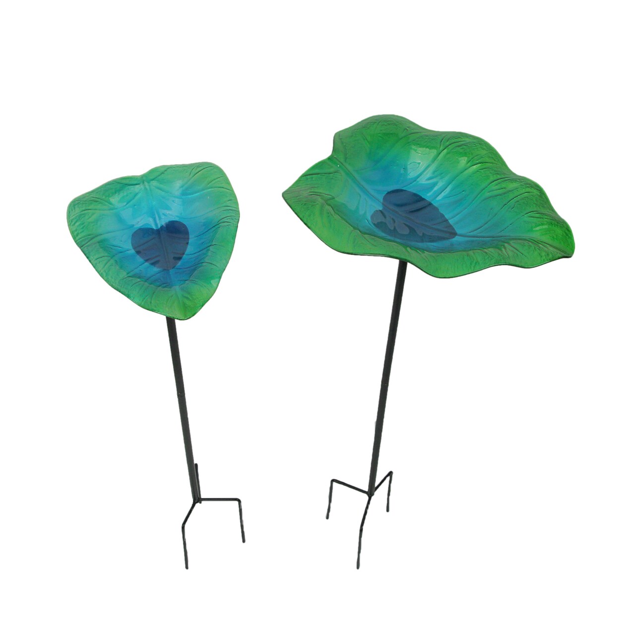 Set of 2 Green Blue Glass Leaf Bird Bath Garden Stakes Outdoor Home Yard Decor